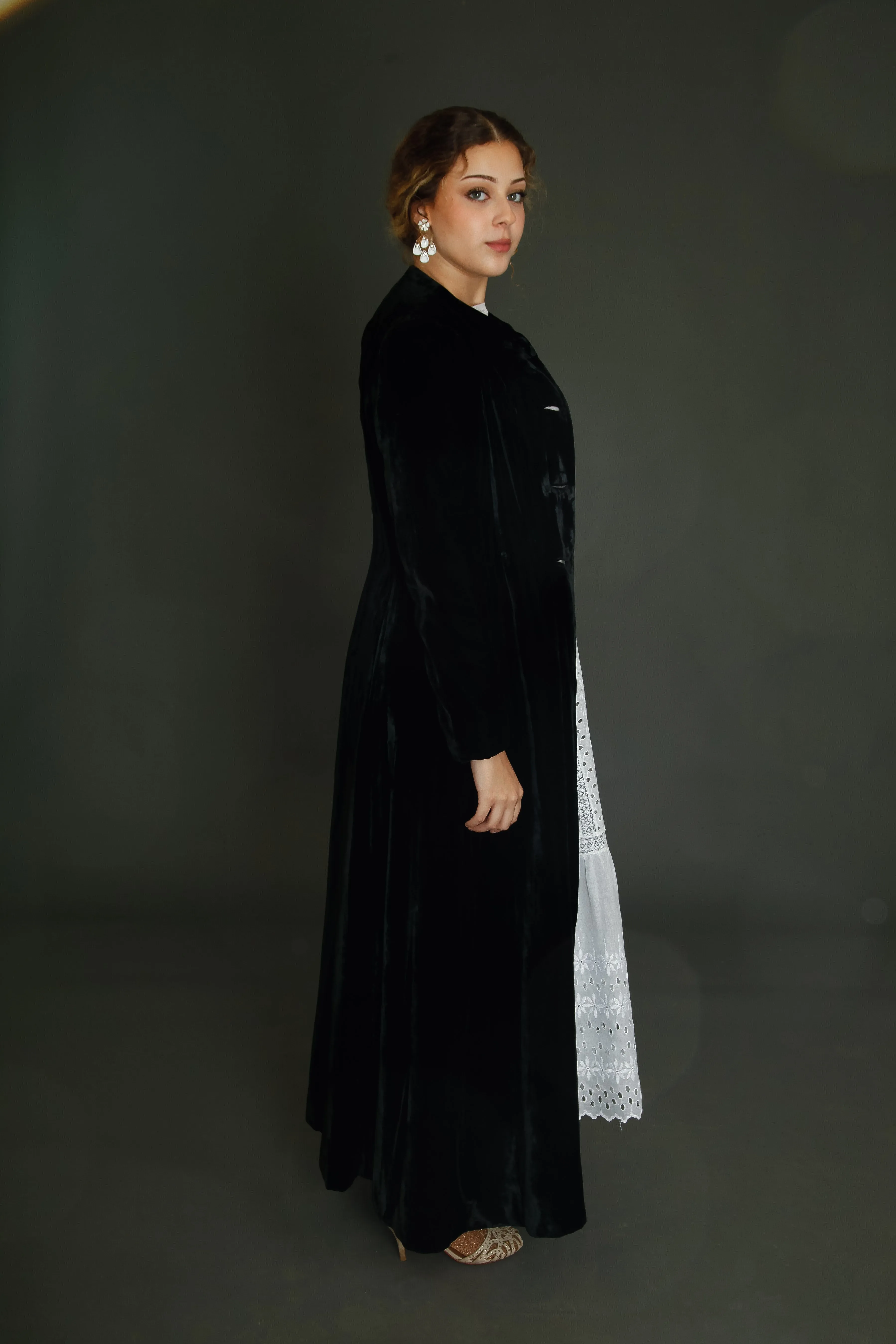 1940 Black Silk Velvet Long Evening Coat