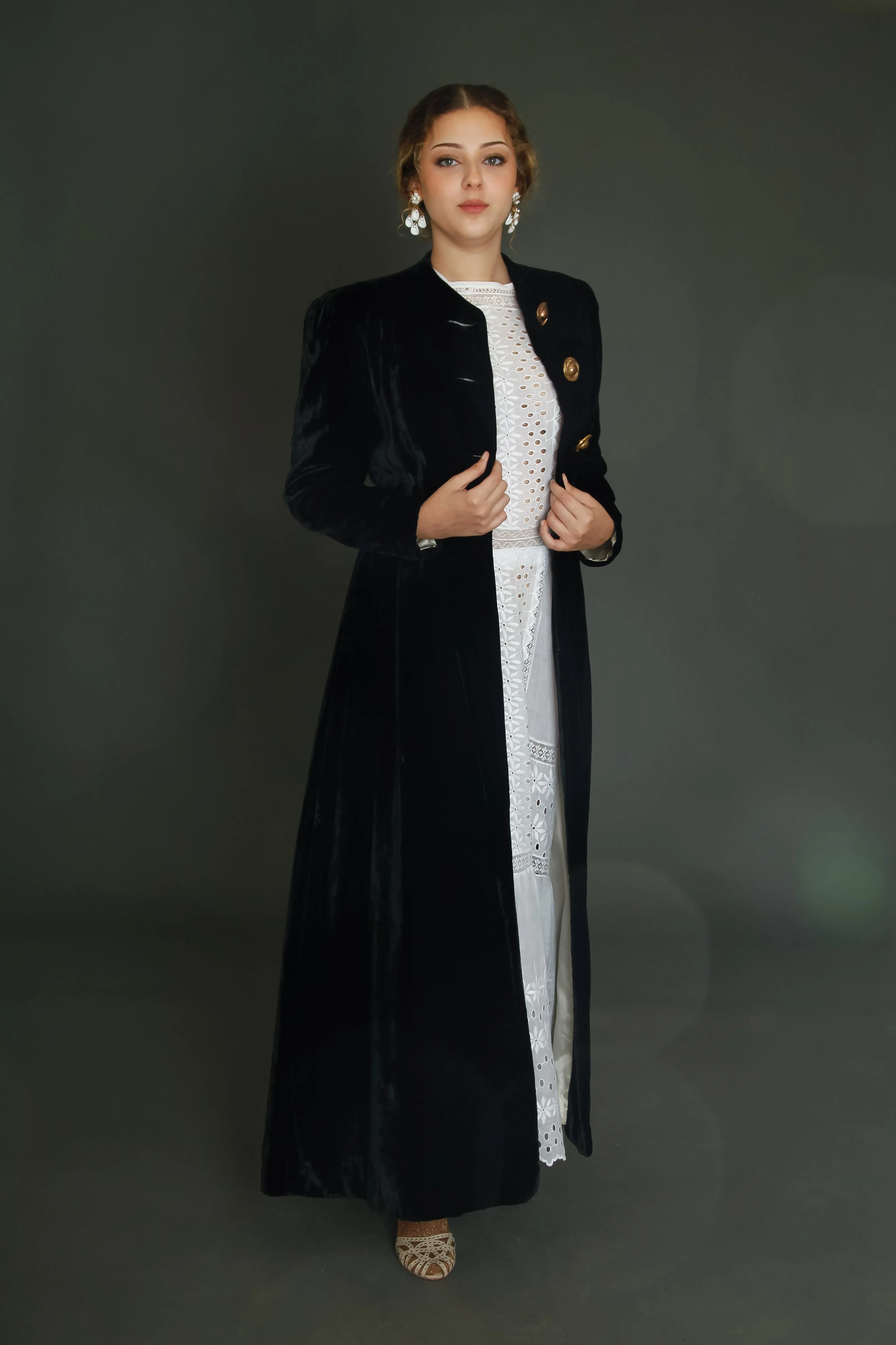 1940 Black Silk Velvet Long Evening Coat