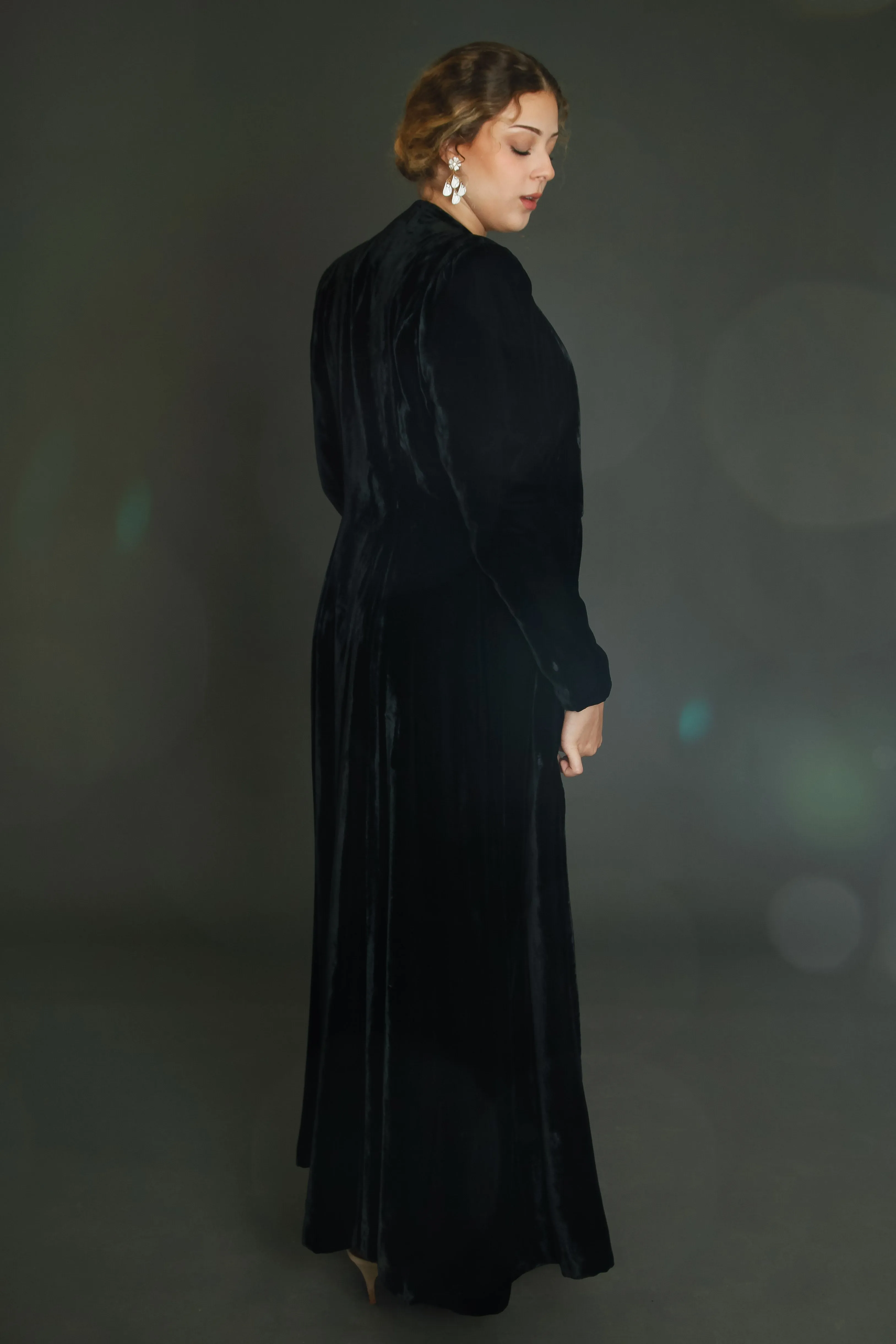 1940 Black Silk Velvet Long Evening Coat