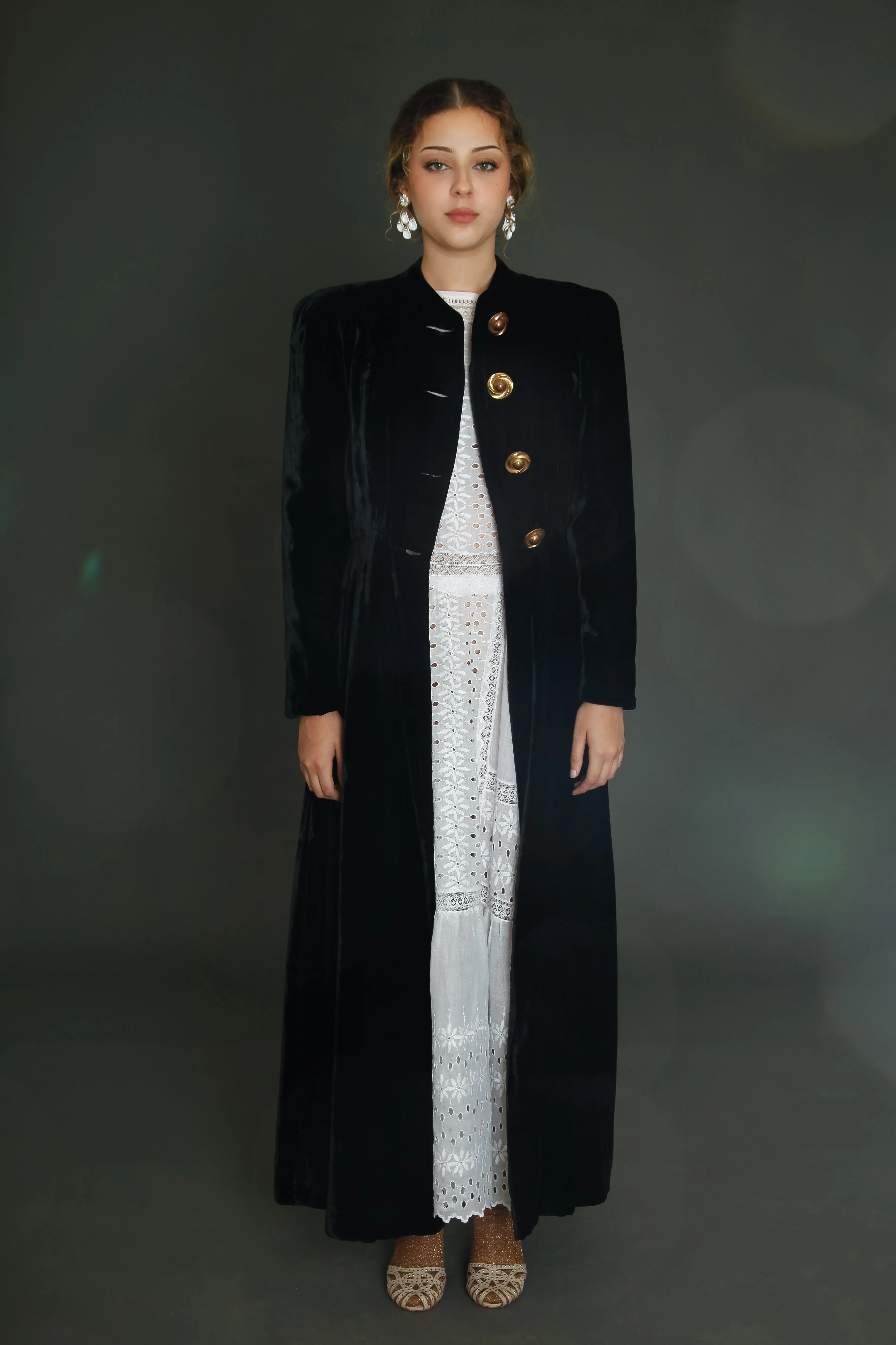1940 Black Silk Velvet Long Evening Coat