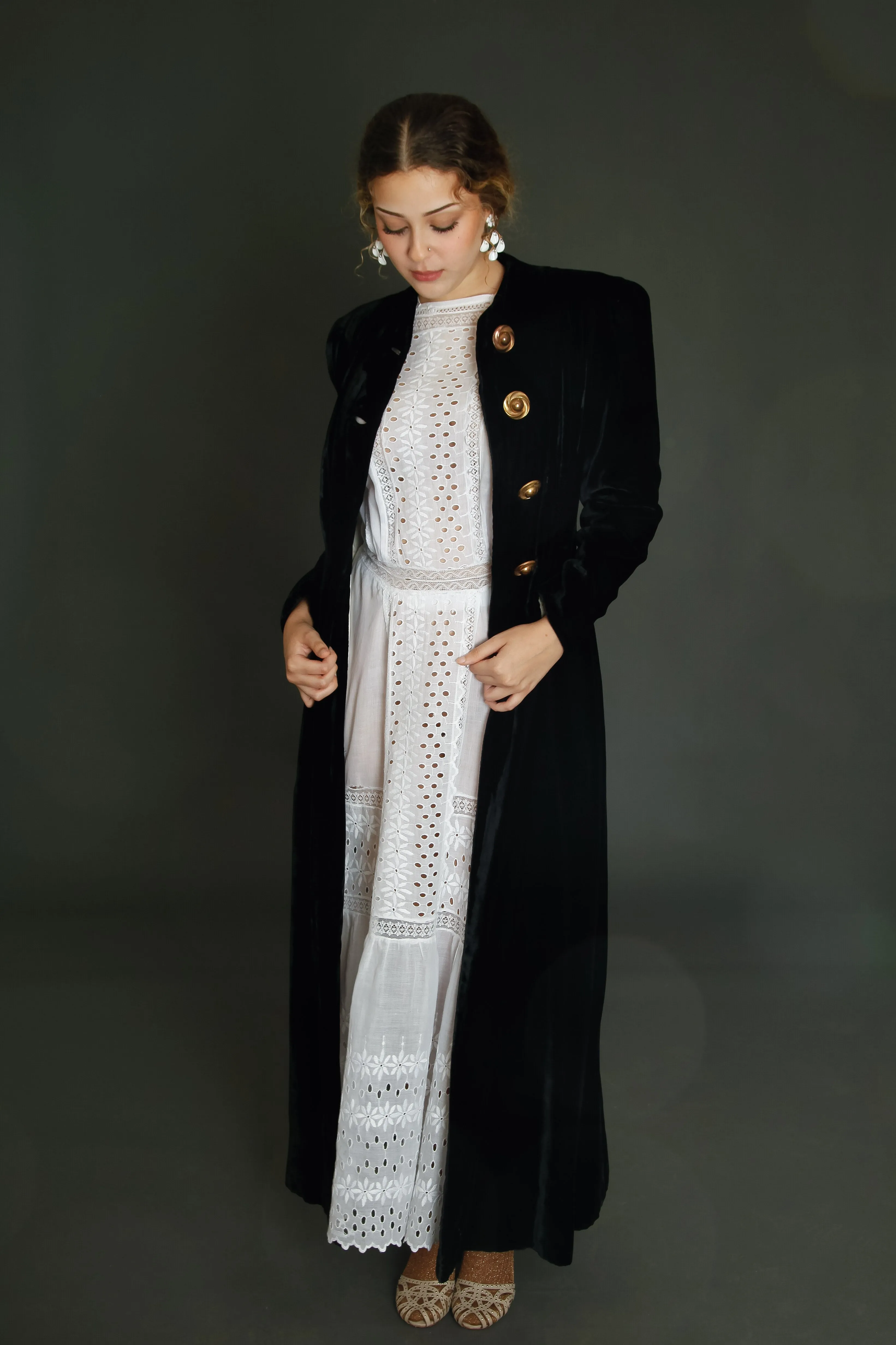 1940 Black Silk Velvet Long Evening Coat