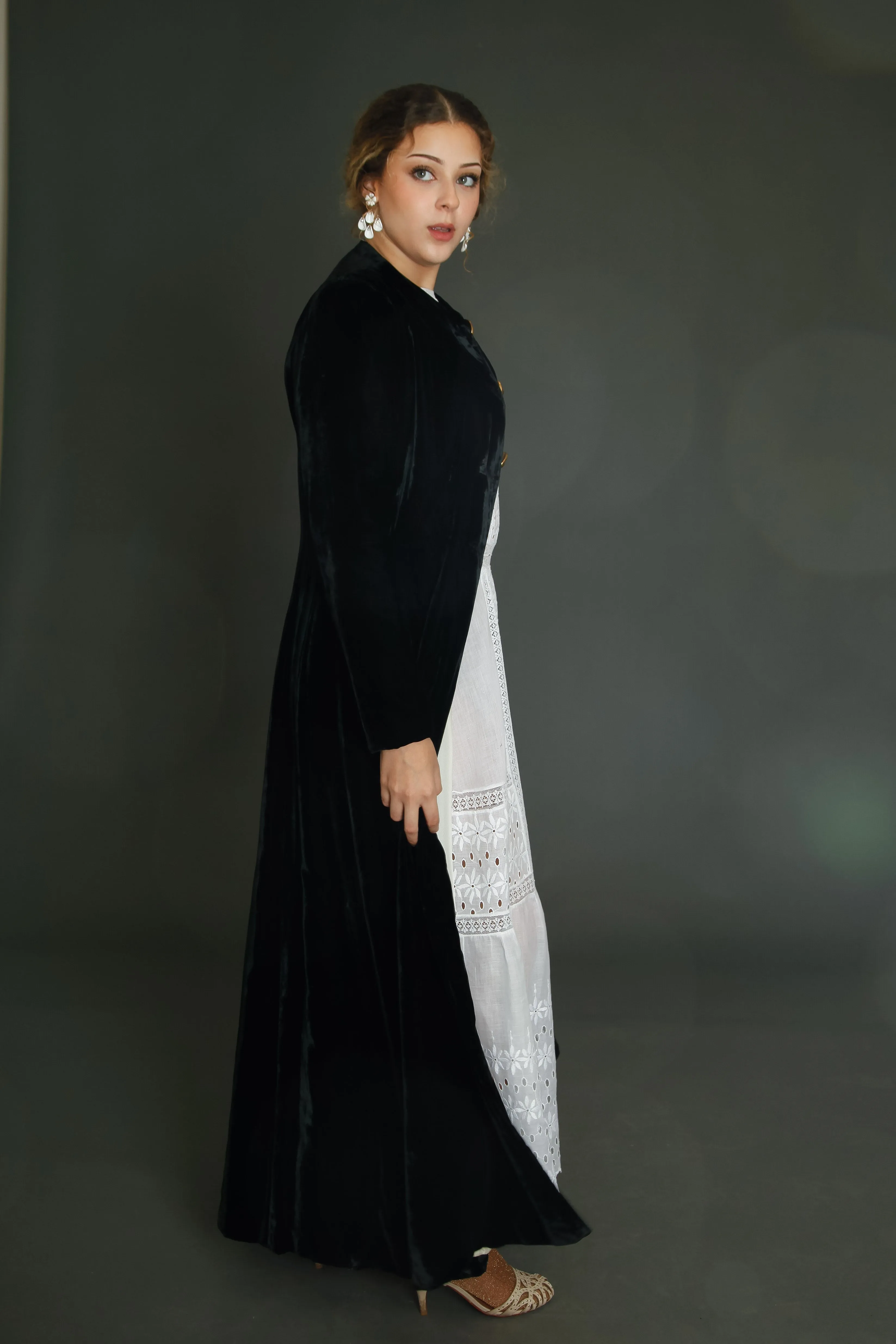 1940 Black Silk Velvet Long Evening Coat