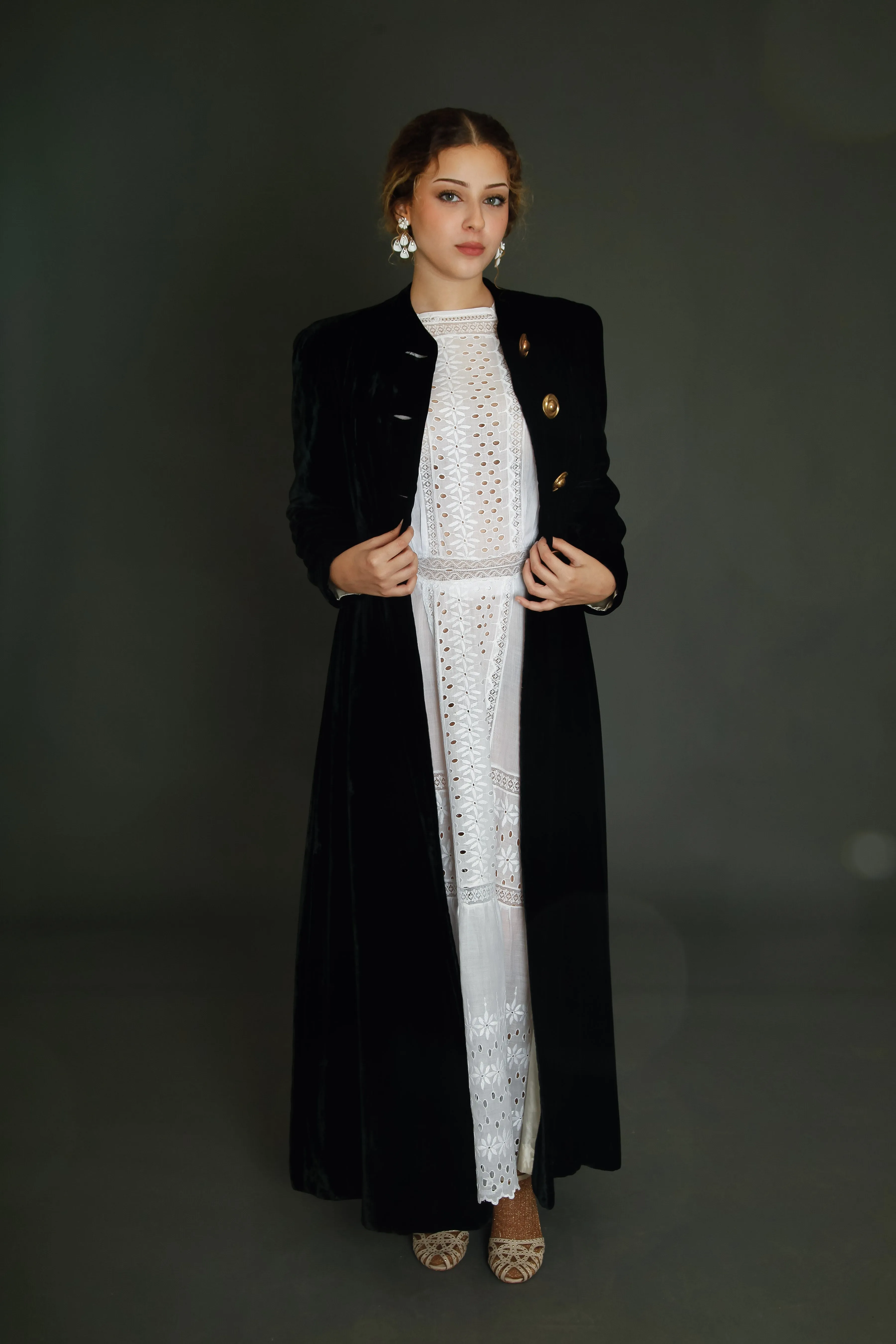 1940 Black Silk Velvet Long Evening Coat