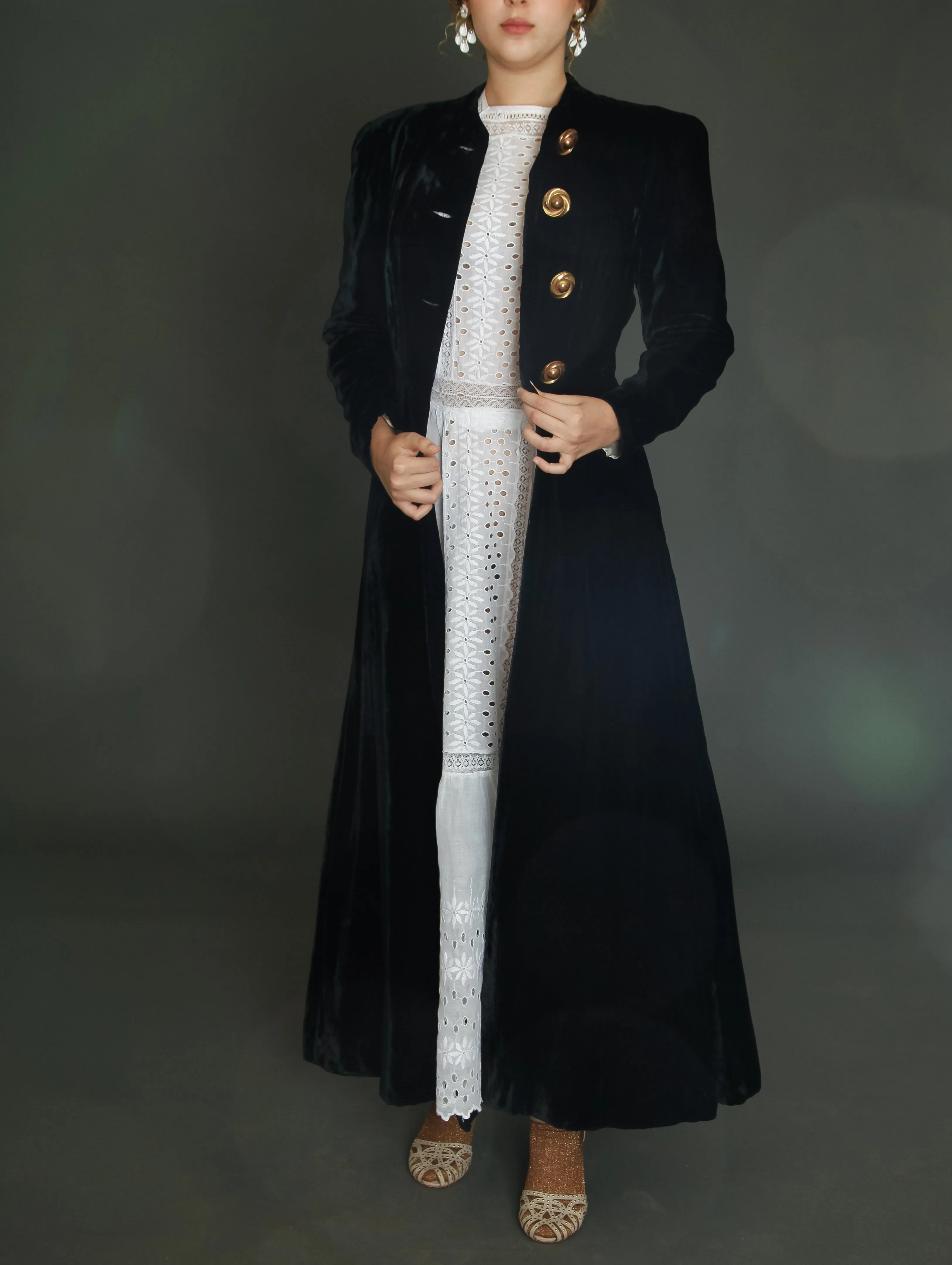 1940 Black Silk Velvet Long Evening Coat