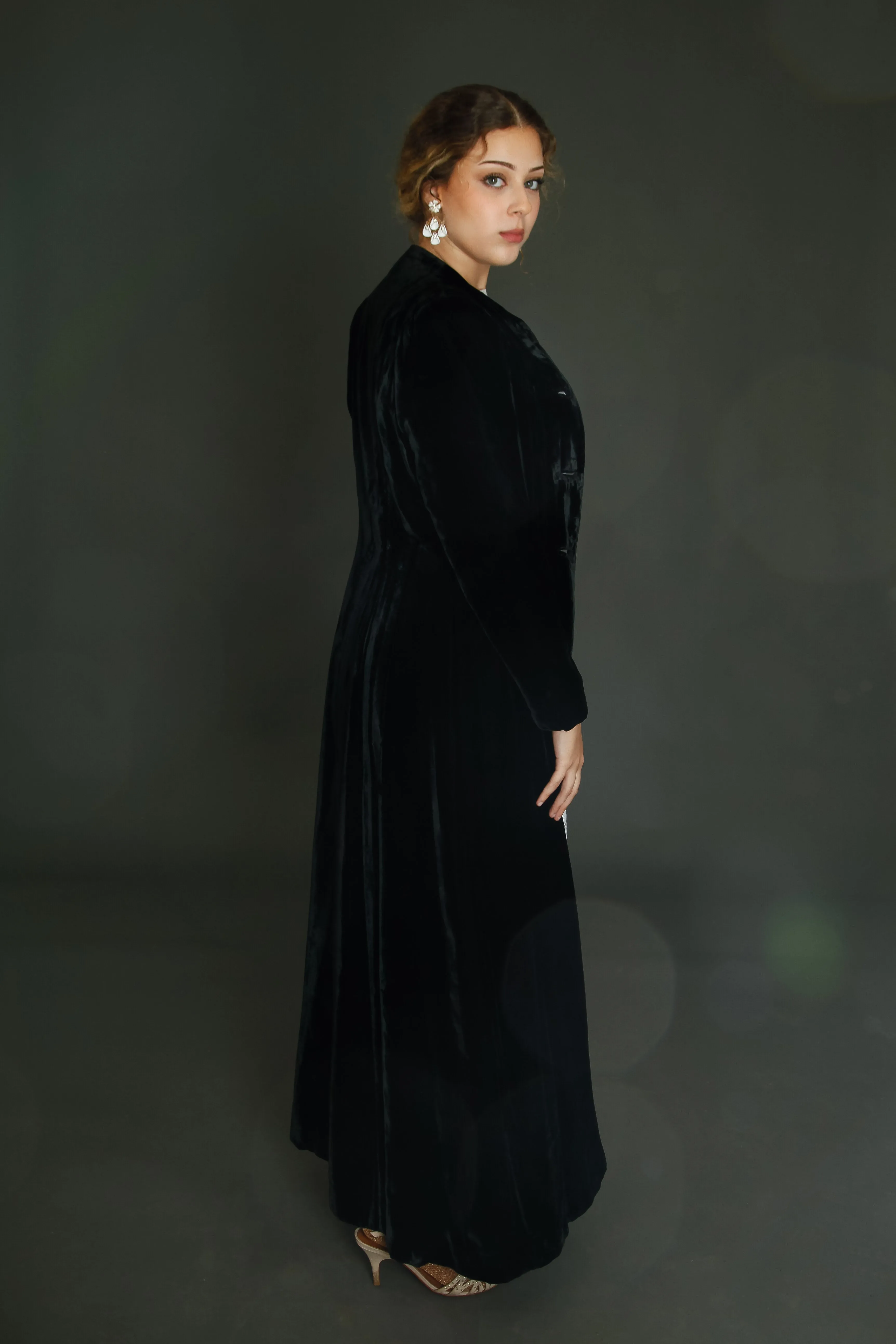 1940 Black Silk Velvet Long Evening Coat