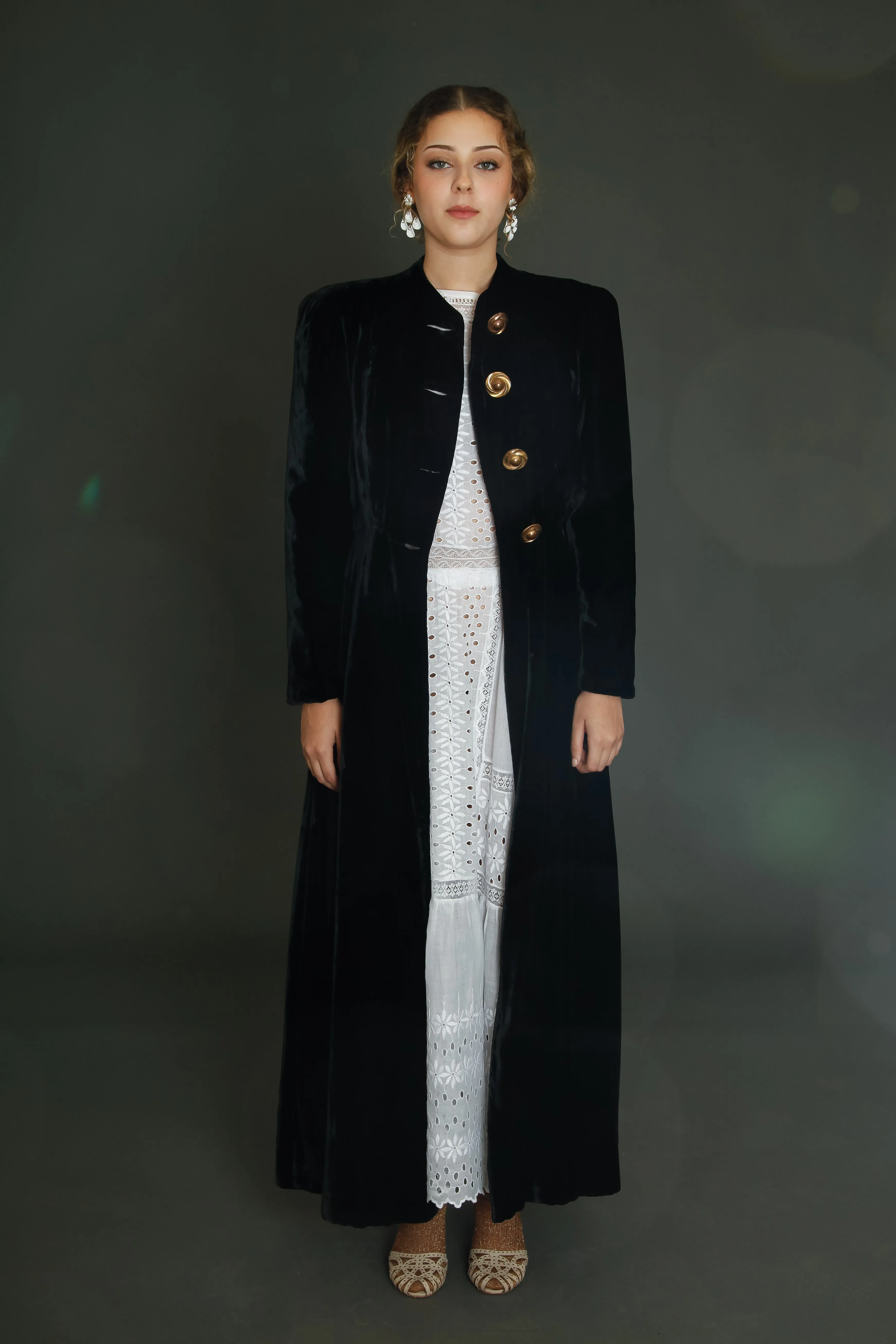 1940 Black Silk Velvet Long Evening Coat