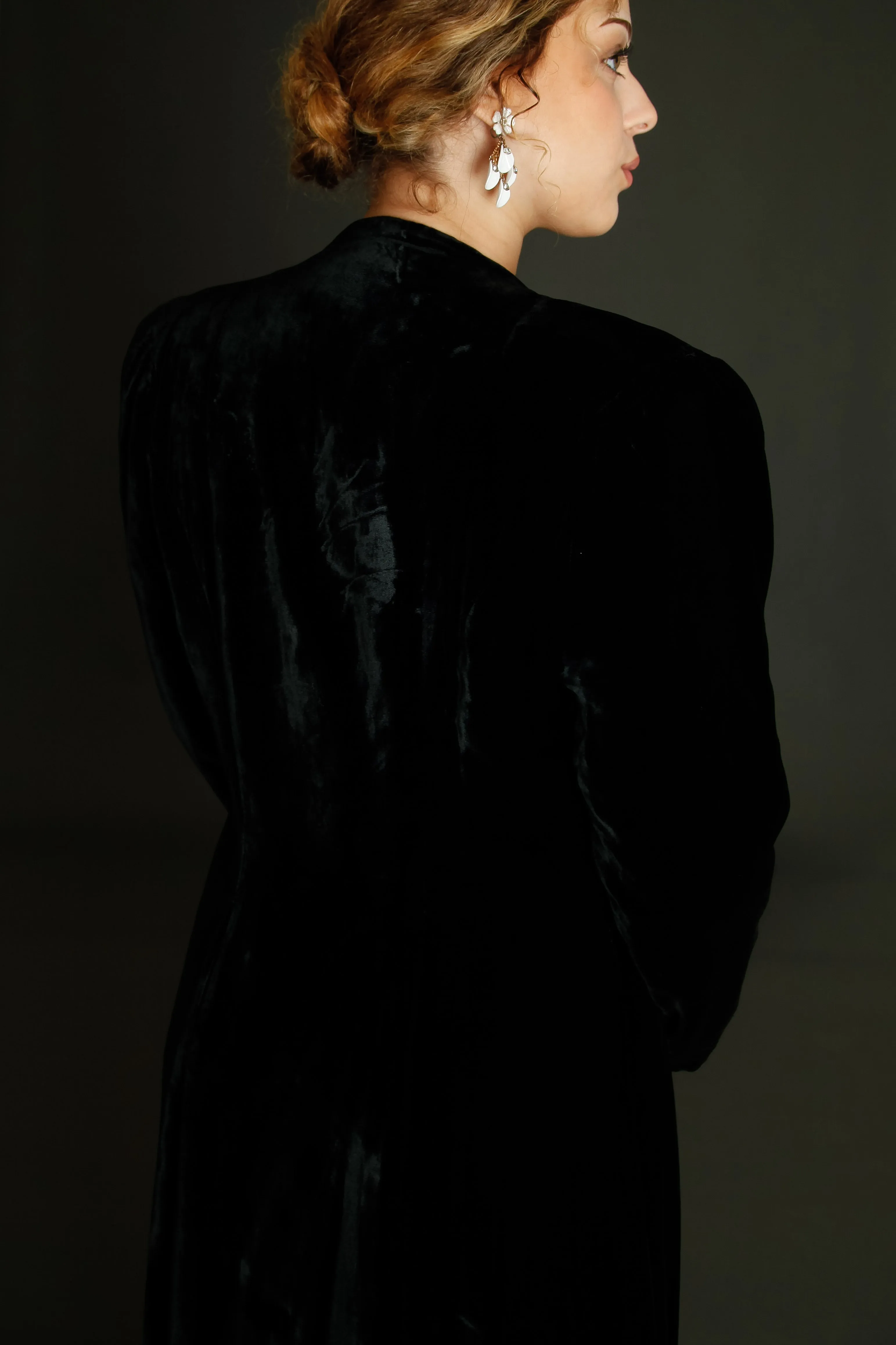 1940 Black Silk Velvet Long Evening Coat
