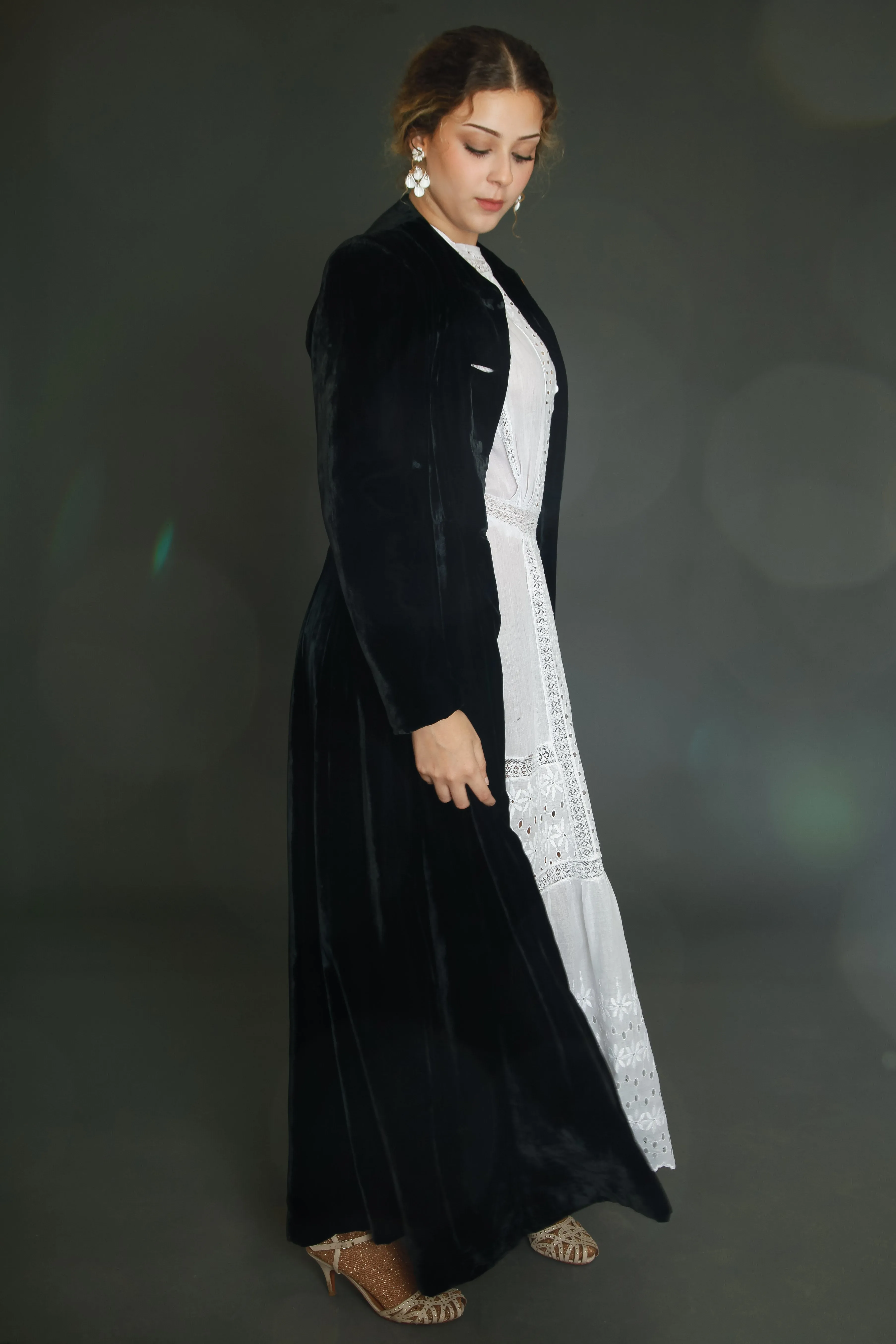 1940 Black Silk Velvet Long Evening Coat