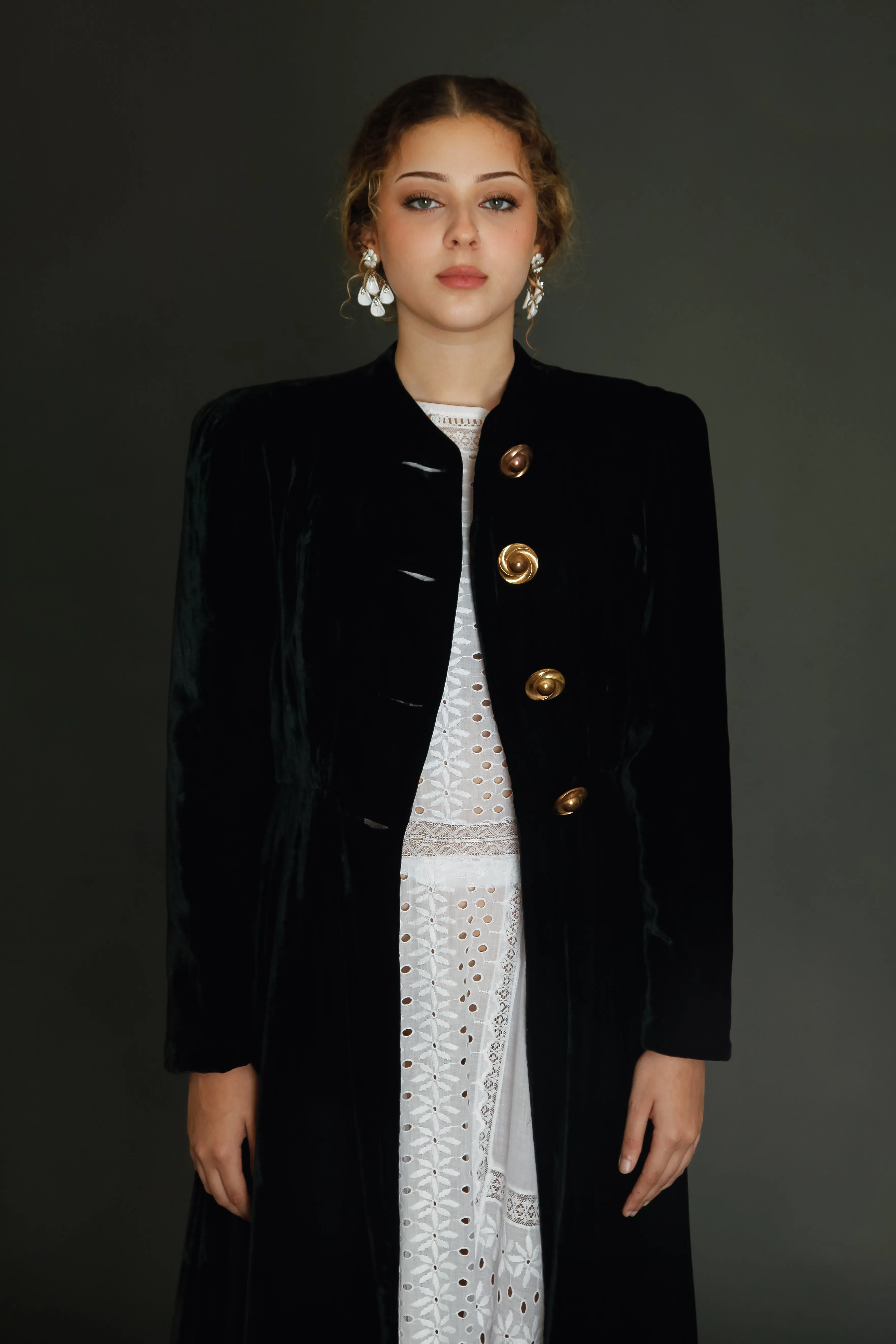 1940 Black Silk Velvet Long Evening Coat