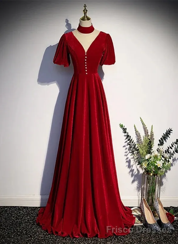 A-Line Red High Neckline Velvet Long Party Dress Short Sleeves Velvet Prom Dress
