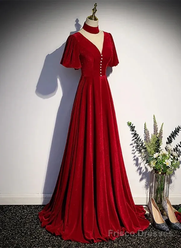 A-Line Red High Neckline Velvet Long Party Dress Short Sleeves Velvet Prom Dress
