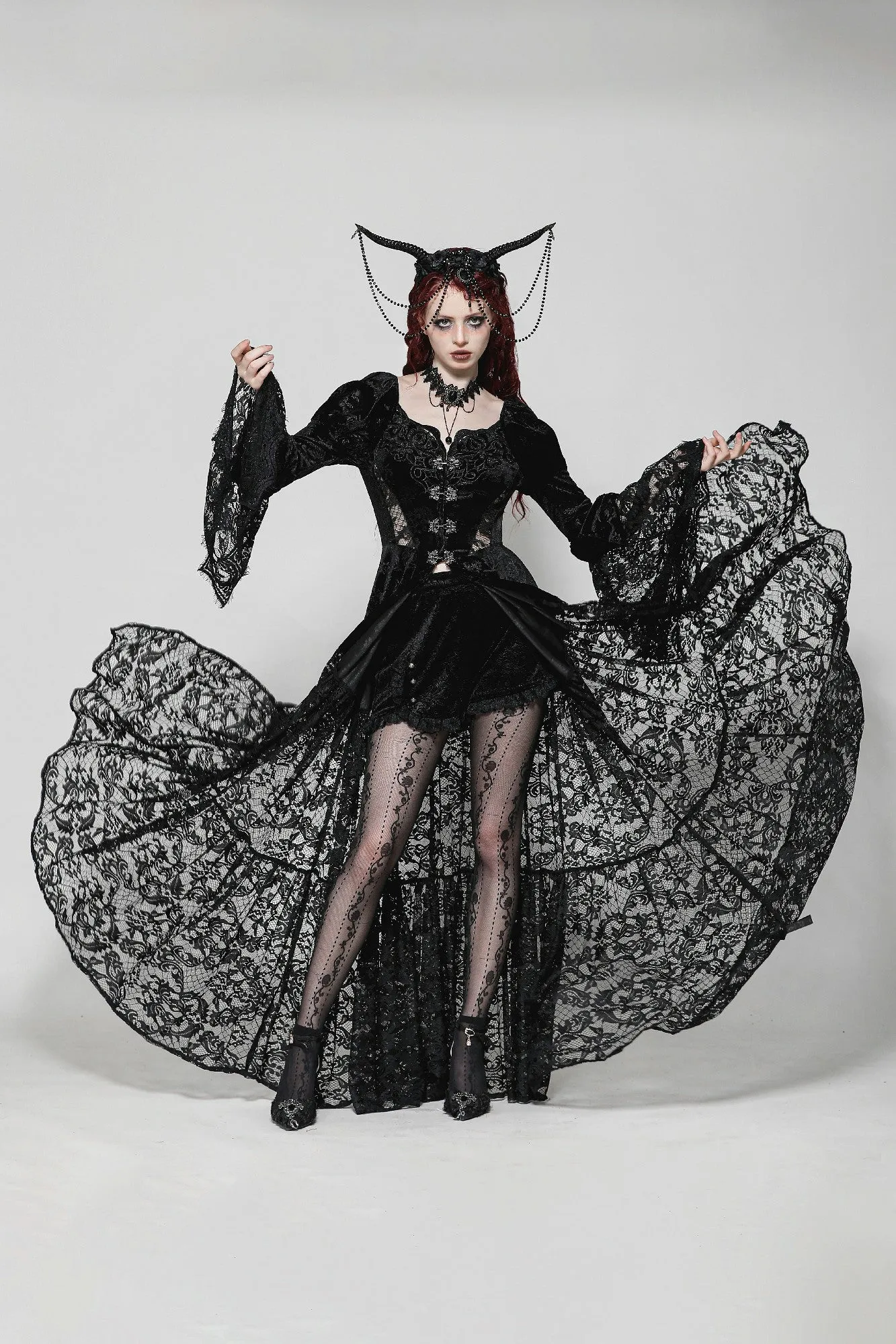 Gothic Embossed Velvet and Lace Long Outwear JW273