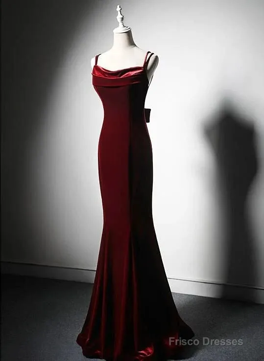 Lovely Low Back Velvet Mermaid Long Prom Dress, Velvet Wedding Party Dress