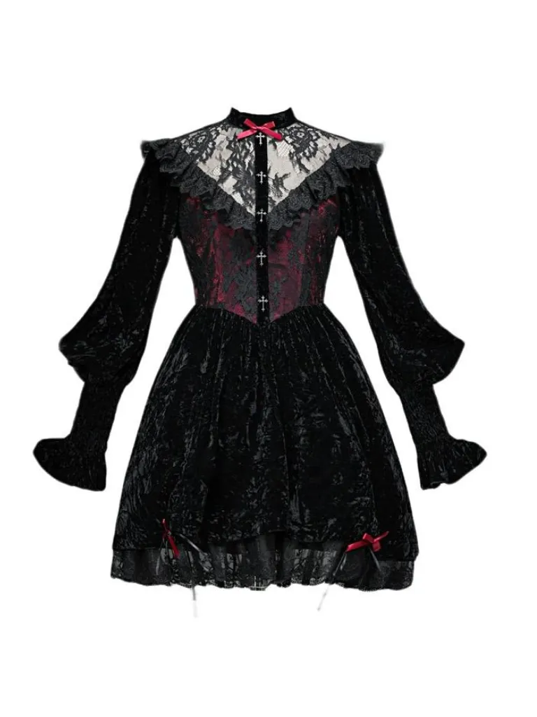 Red Dress Puff Sleeve Velvet Rose Lace Cemetery Gothic Dark