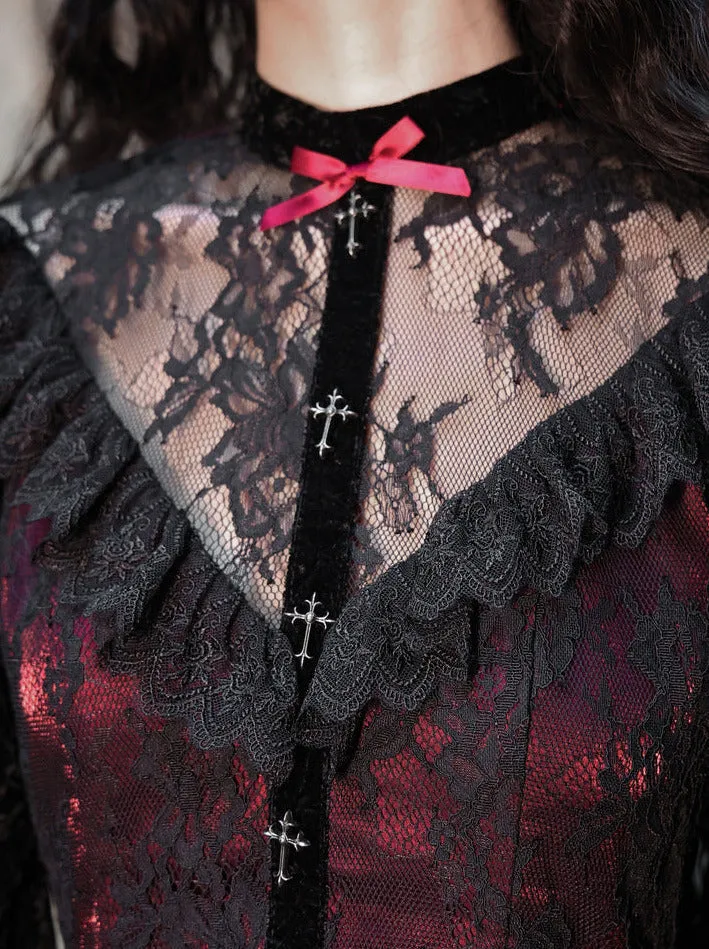 Red Dress Puff Sleeve Velvet Rose Lace Cemetery Gothic Dark