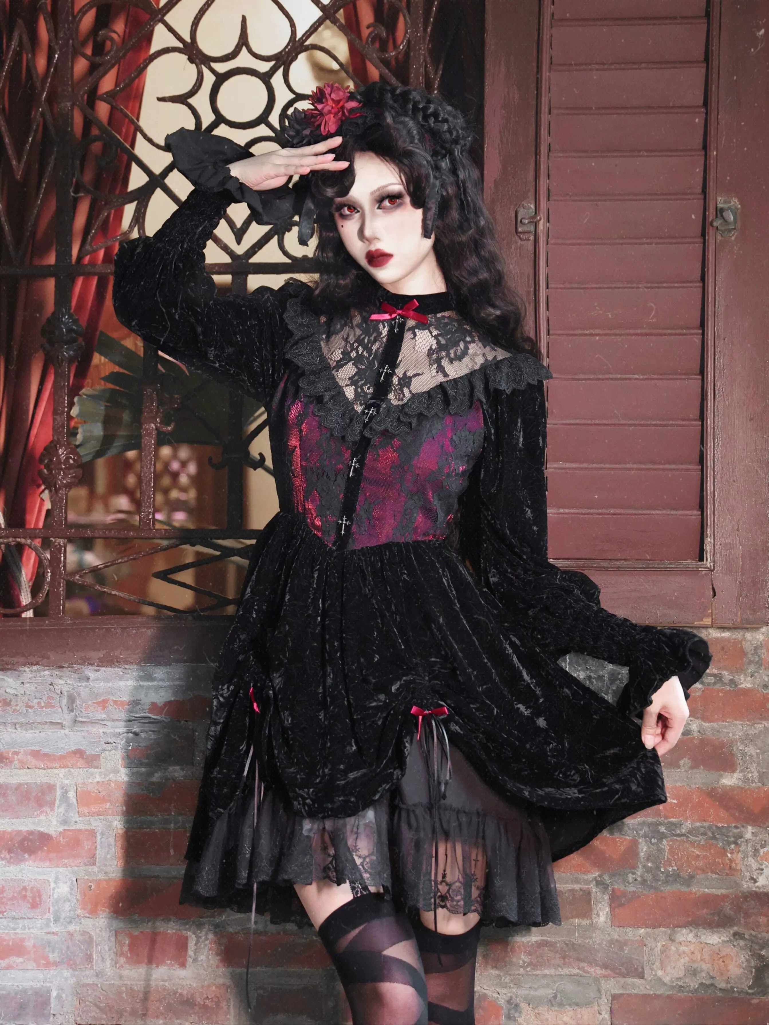 Red Dress Puff Sleeve Velvet Rose Lace Cemetery Gothic Dark