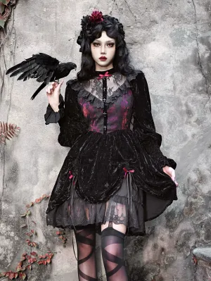 Red Dress Puff Sleeve Velvet Rose Lace Cemetery Gothic Dark