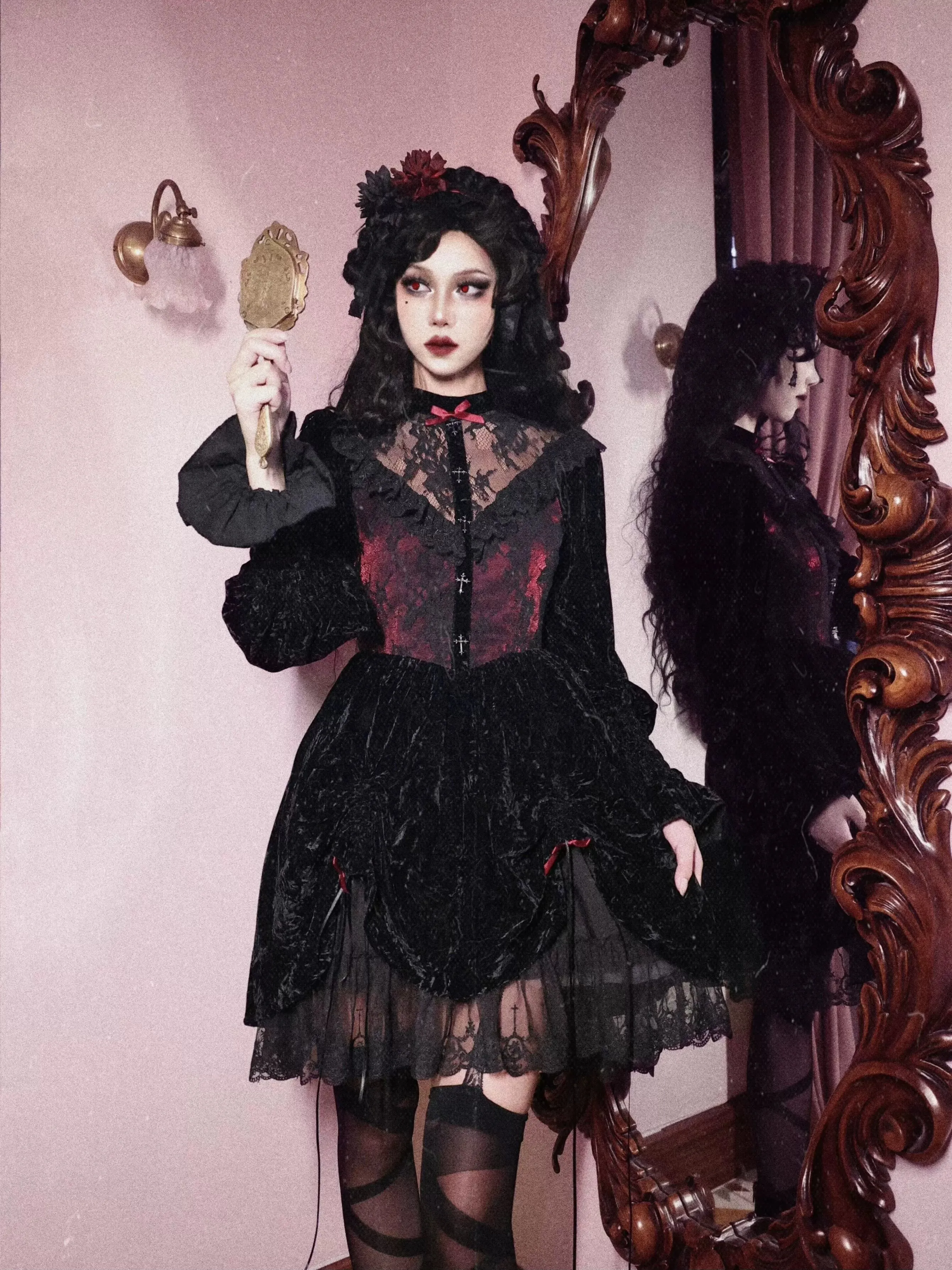 Red Dress Puff Sleeve Velvet Rose Lace Cemetery Gothic Dark