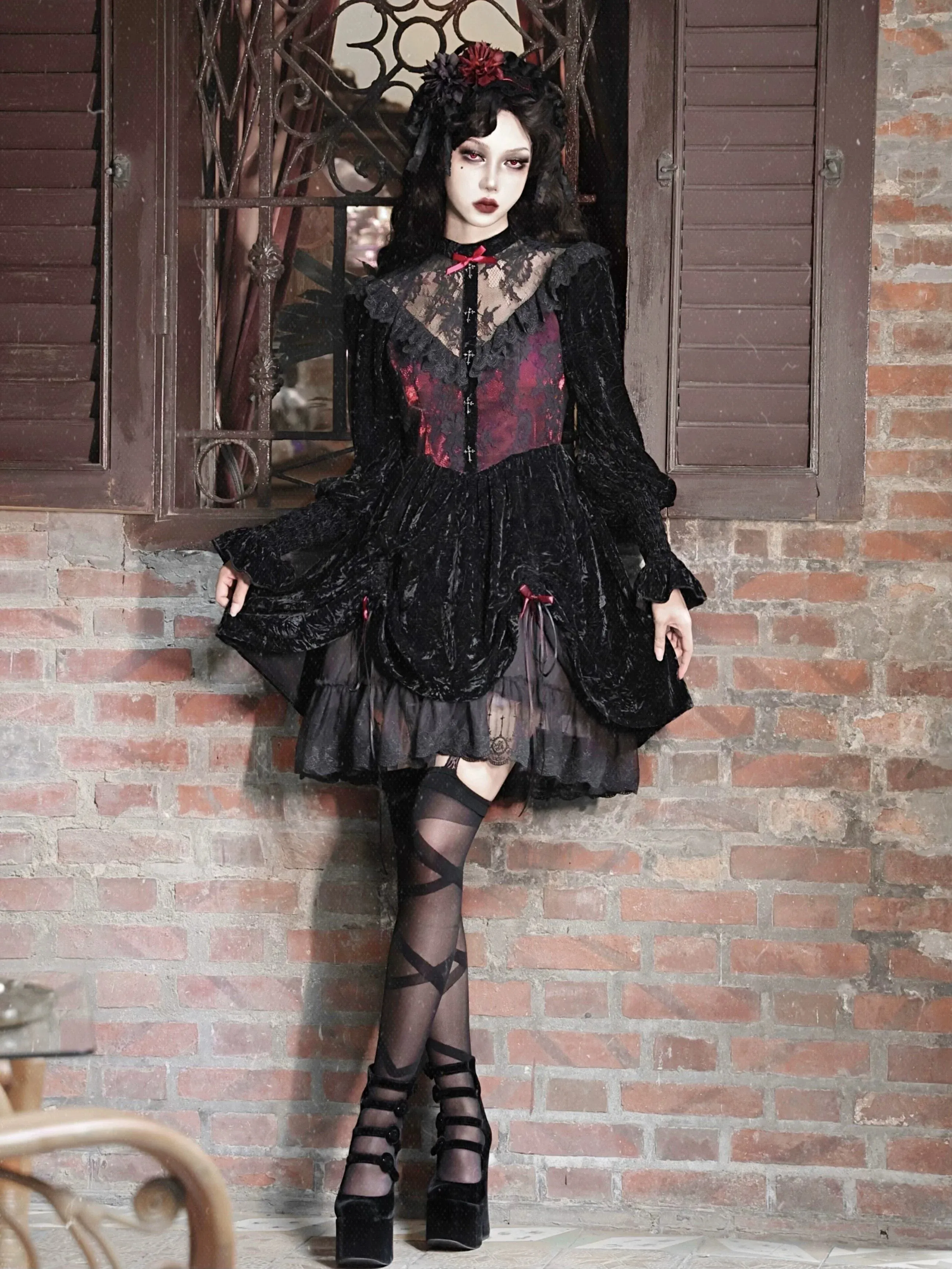 Red Dress Puff Sleeve Velvet Rose Lace Cemetery Gothic Dark