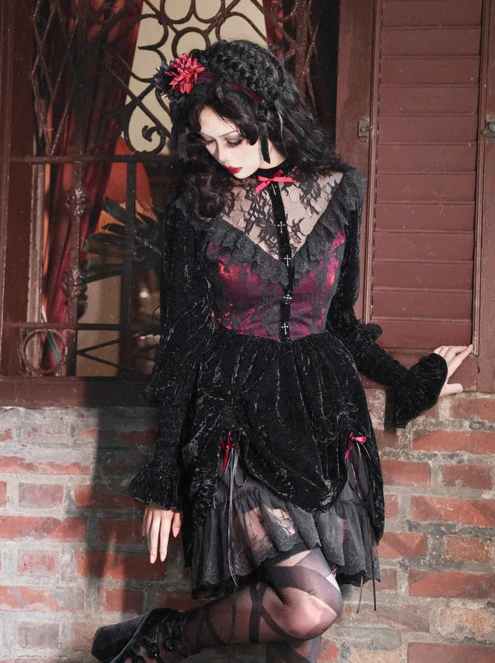 Red Dress Puff Sleeve Velvet Rose Lace Cemetery Gothic Dark
