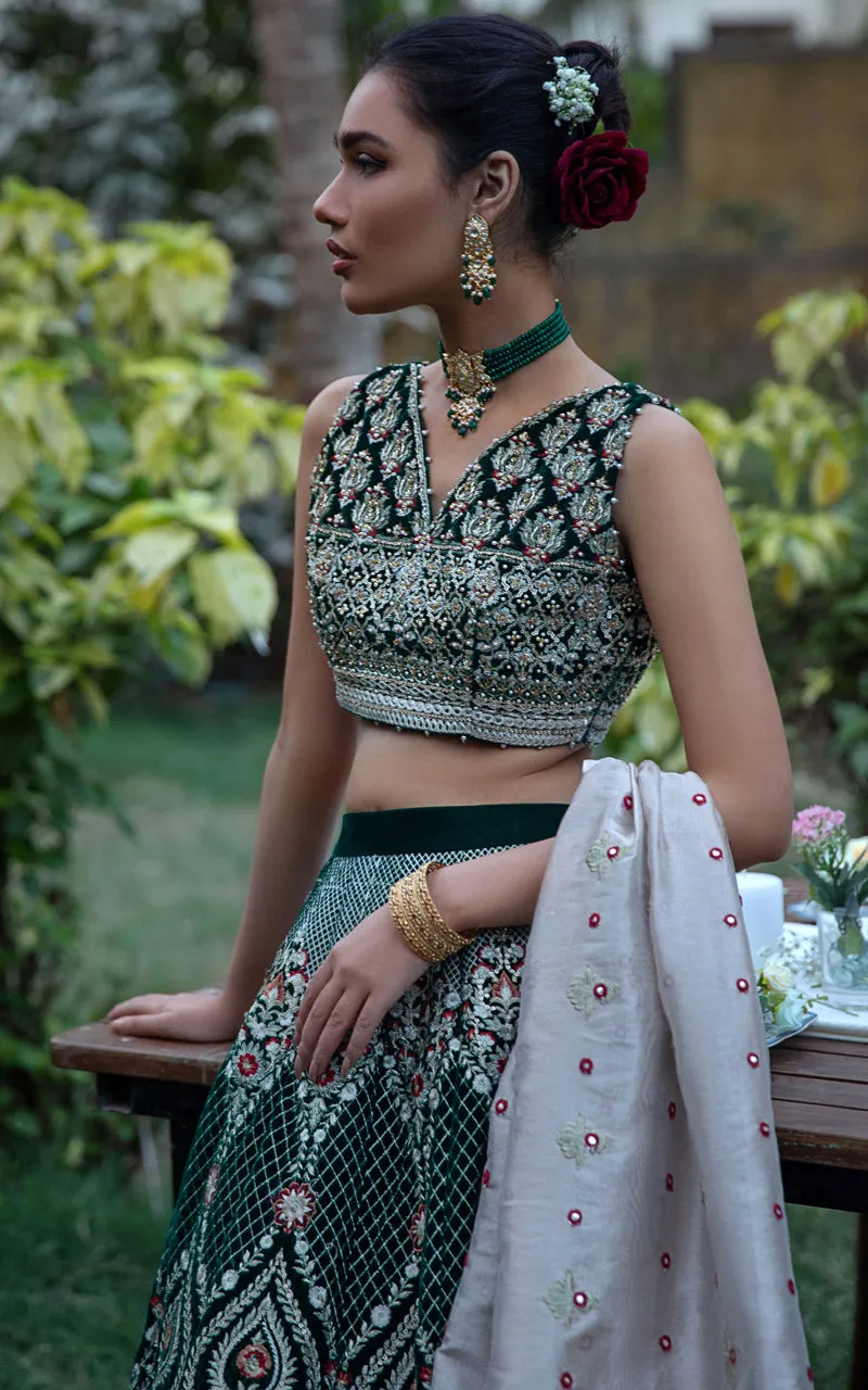 Velvet Embroidered Blouse And Lehenga